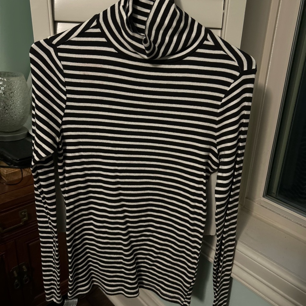 Black and White Striped Turtleneck Top